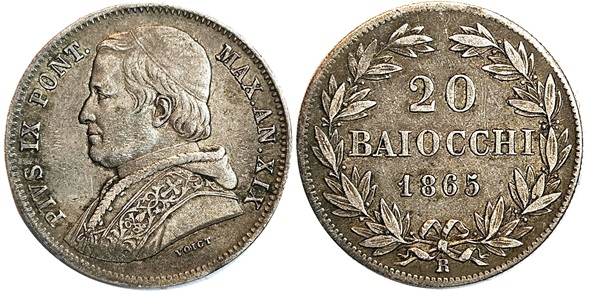 Pius IX 1865 20 Baiocchi